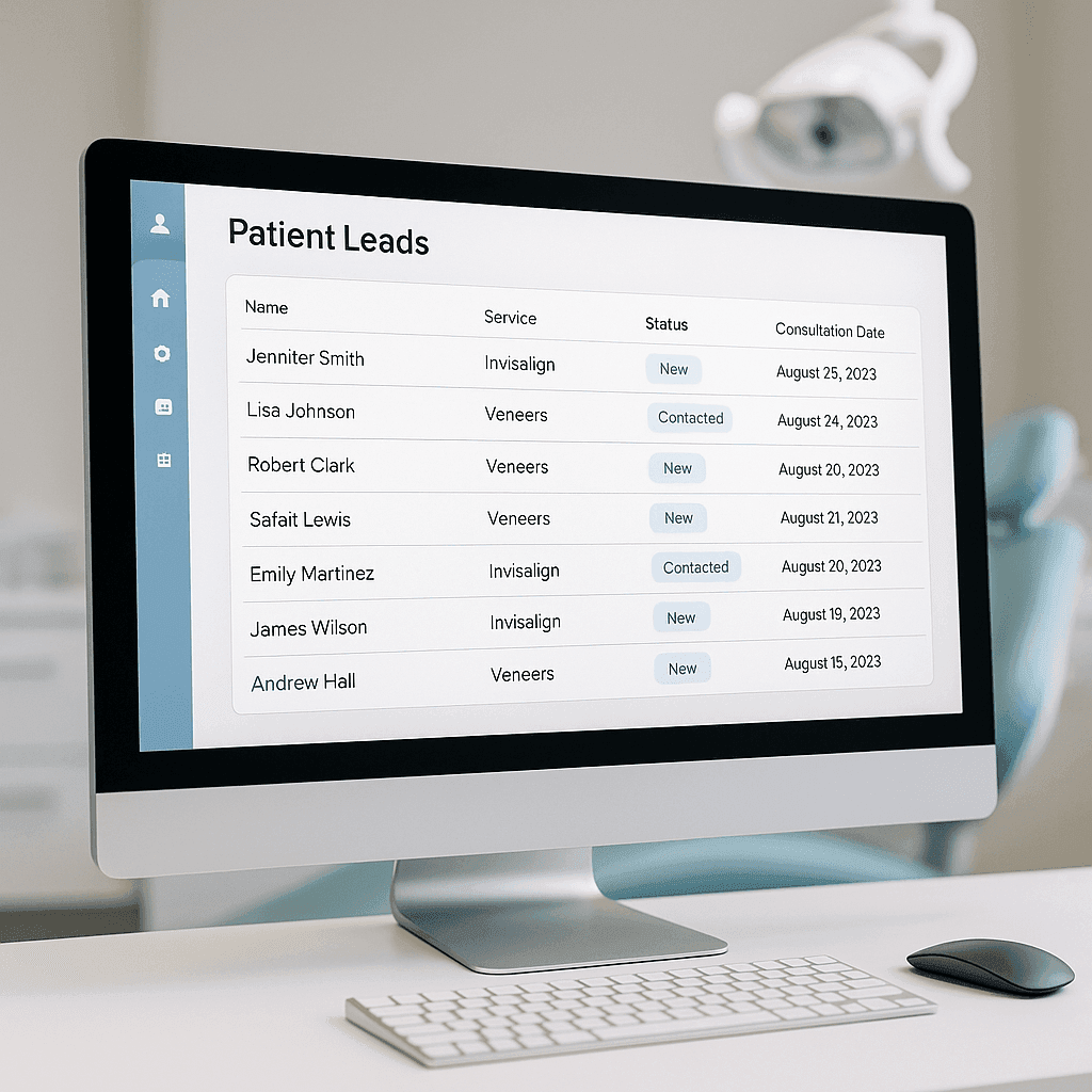 Dental practice dashboard displaying AI-generated Invisalign and veneer leads for new patient consultations.